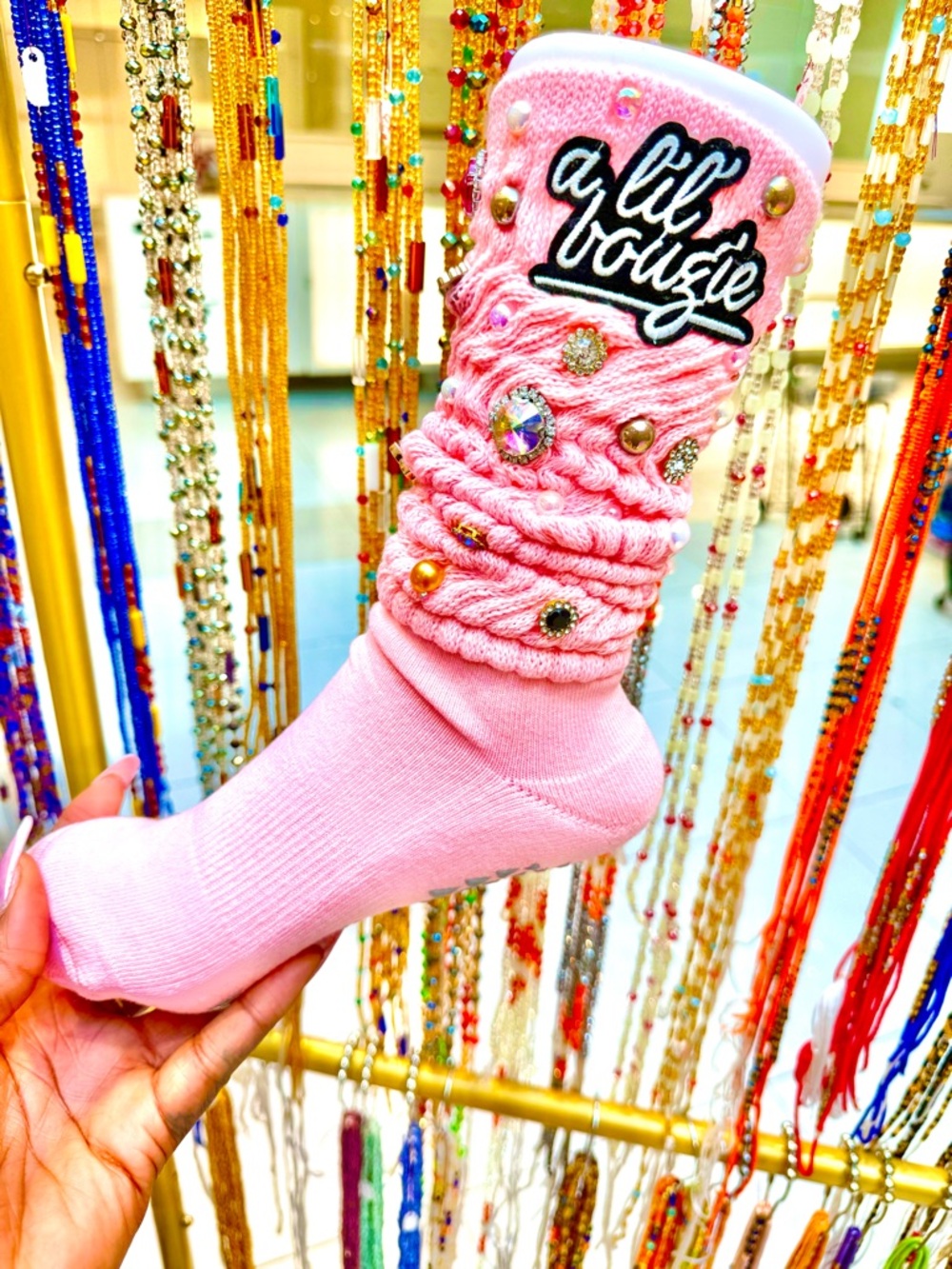 Embellished Pink Slouch Socks with Jewel Accents